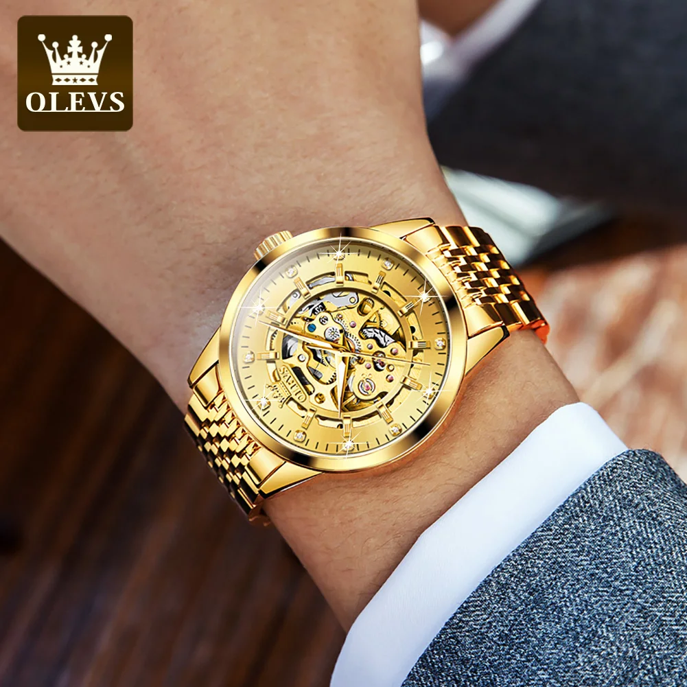 OLEVS Luxury Brand Gold Skeleton Automatic Mechanical Watch Fashion Business Stainless Steel Waterproof Luminescent Men\'s Watch