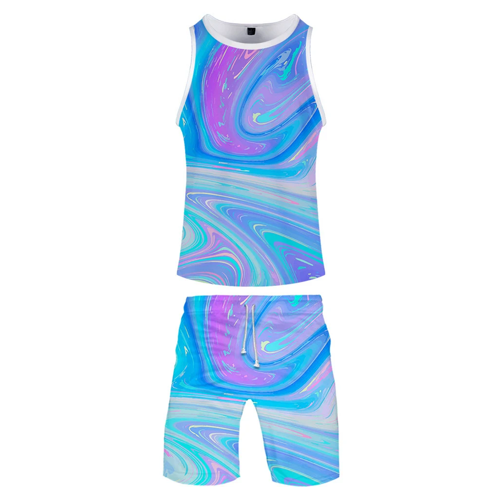 

3D Blue-violet Printed Top Men Vest/Shorts Suit Oversize Fitness Shirt Shorts 2pc Set Casual Sleeveless T-shirts Men's Tracksuit