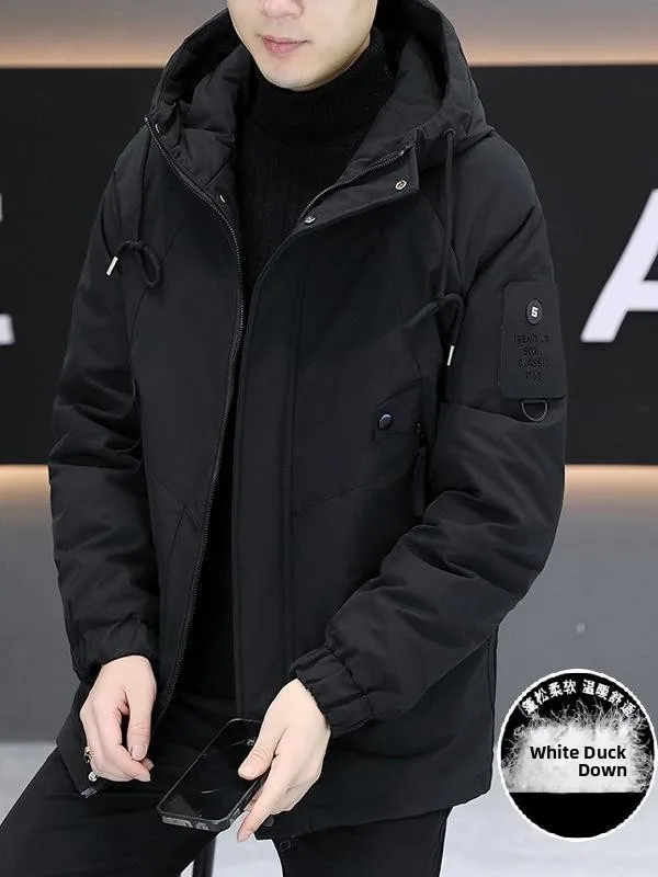 

Winter Hooded down Jaet Men's Youth Casual Warm White Du down Top Trendy ort Sle Windproof Faion Urban Wear