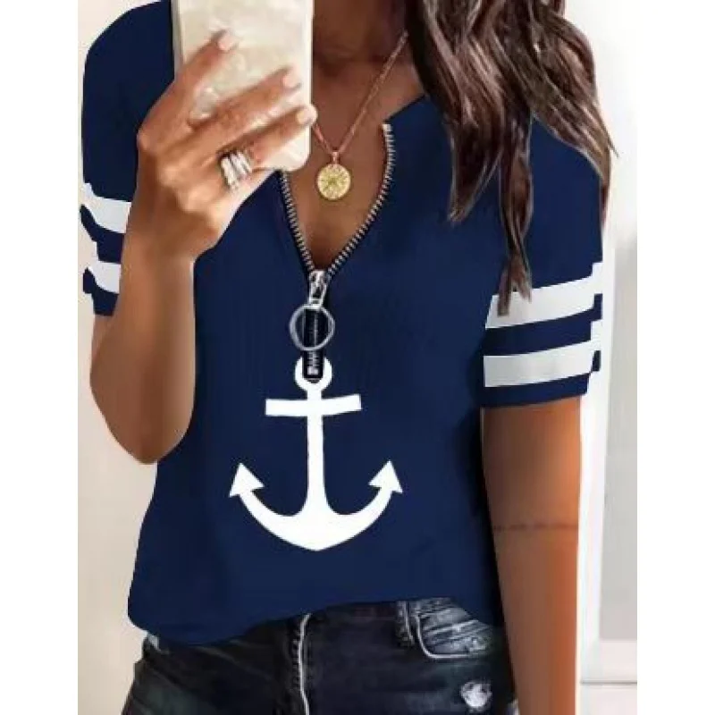 2023In Stock Amazon New European and American Fashion Casual Zipper Boat Chic Printed Fashion Pullover Short SleeveTT-shirt