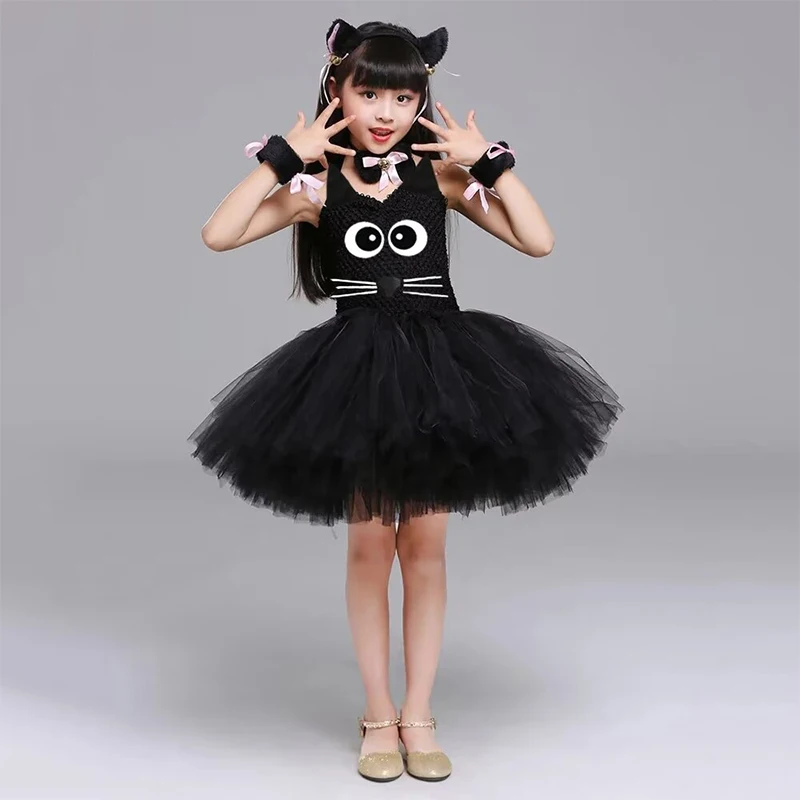 Cute Big Eyes Black Cat Tutu Dress for Baby Girl Birthday Dresses Toddler Kids Halloween Costumes Children Animal Cosplay Outfit