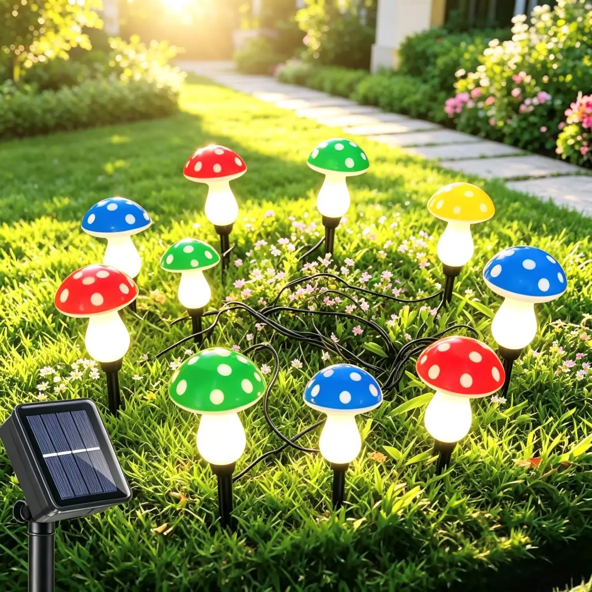 Mushroom Solar String Lights LED Ambient Lamp Outdoor Waterproof Warm White Colorful Garden Yard Pathway Lawn Decor