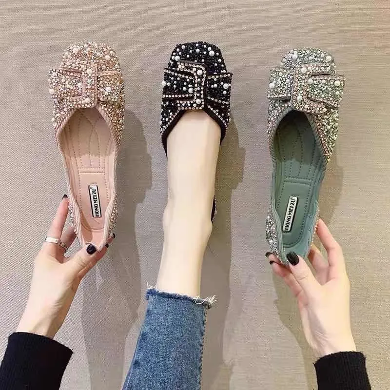 Women 2024Spring Pearl Shoe Water Diamond Mary Jane Shoes Shallow Mouth Square Head Single Shoe Flat Bottom Elegance Casual Shoe