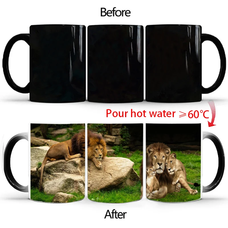 Dropshipping Coffee Mugs Creative Animals Lion Tiger Color Changing Milk Tea Cup Ceramic Magic Heat Sensitive Mug Dad Gifts