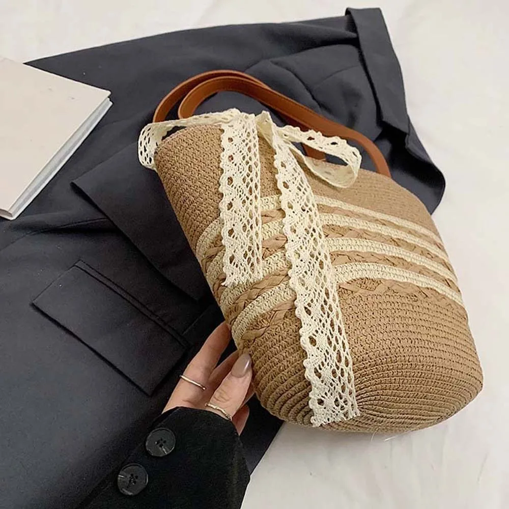 

Trendy Sweet Woven Tote Bag Silk Ribbon Large Capacity Stripe Straw Handbag Lightweight Beige Summer Beach Bag Daily