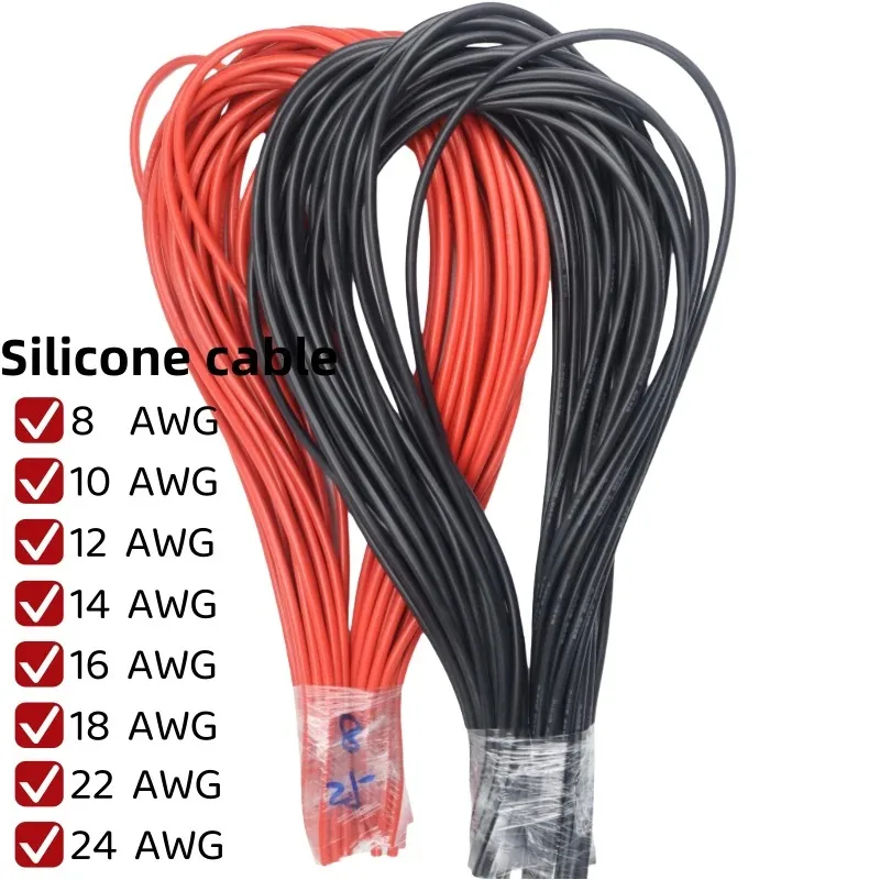 Fio de Silicone de 1 Metro 8 10 12 14 16 18 22 24 AWG, Cabo de Silicone Macio e Resistente ao Calor, 1 Metro Vermelho, 1 Metro Preto