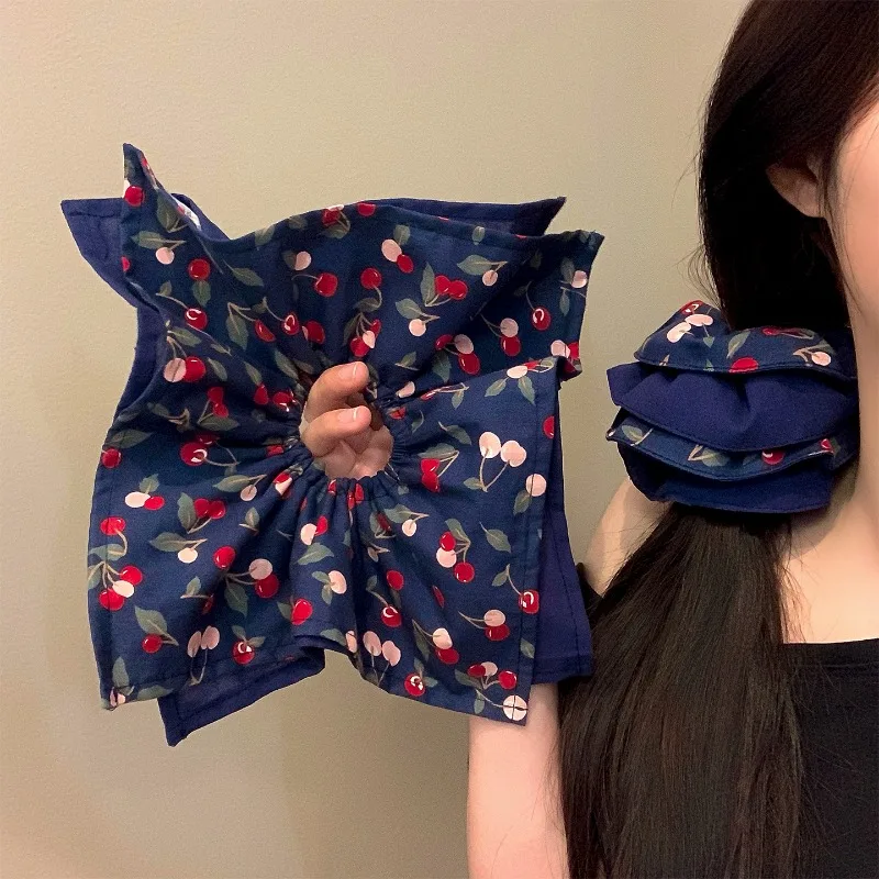 

Korean Style Small Cherry Square Scarf Scrunchie for Women 2025 New Retro Oversized Versatile Hair Accessory Ponytail Hair Tie