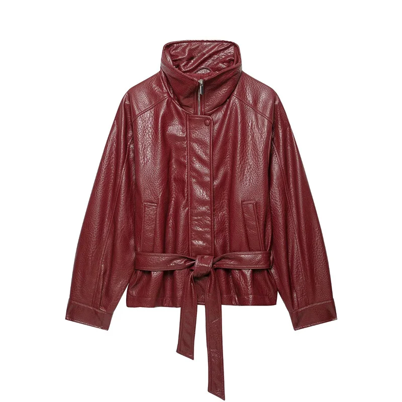 Guobioziy 2026 Women's Jacket Fall/Winter New Arrival Wine Red Long-Sleeve Loose Belted Faux Leather Biker Parka Stylish Trendy