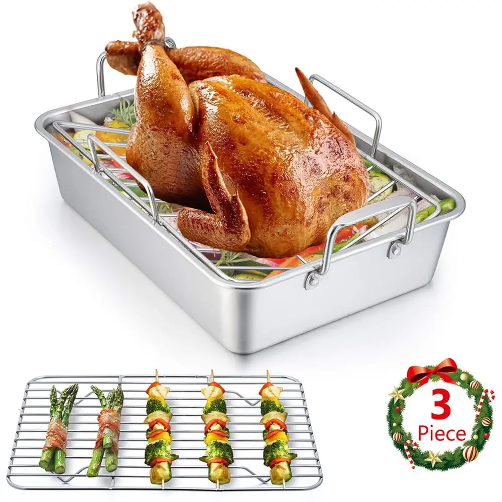

E-ar 14 x 10.6 Inch Roasting Pan, StainlSteel Turkey Roaster with V Rack & Bg Rack Set, Small Heavy Duty Deep Broiling Pan or Ov