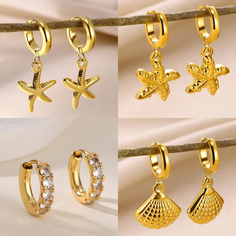 Orecchini a cerchio vintage con conchiglia di stelle marine per le donne Orecchini con conchiglia oceanica in acciaio inossidabile color oro Regalo di gioielli da sposa impermeabili