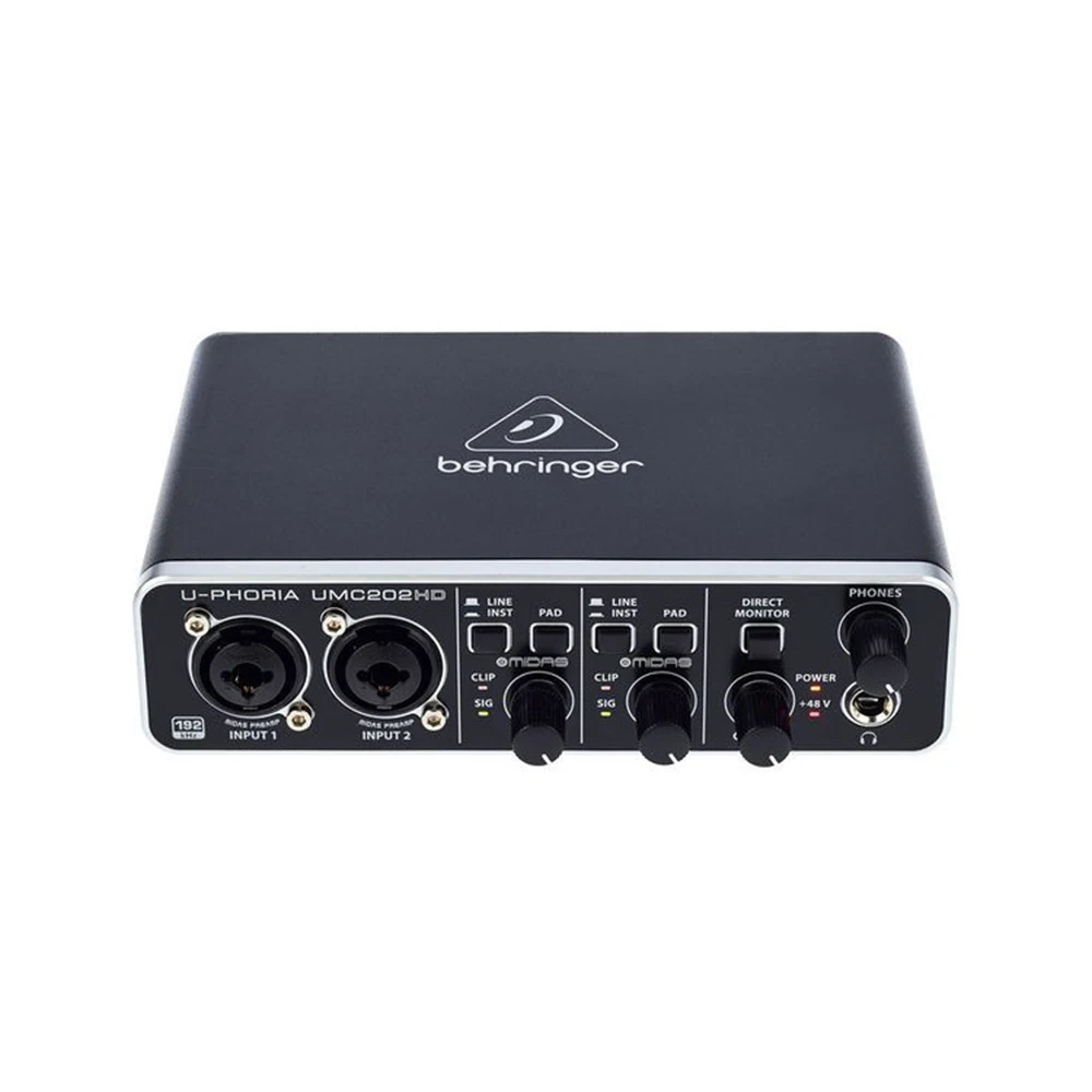 Tarjeta de sonido Behringer UMC202HD Interfaz de audio USB de 2 entradas/2 salidas con 2 preamplificadores de micrófono Midas y equipo de sonido de audio con alimentación fantasma de 48 V