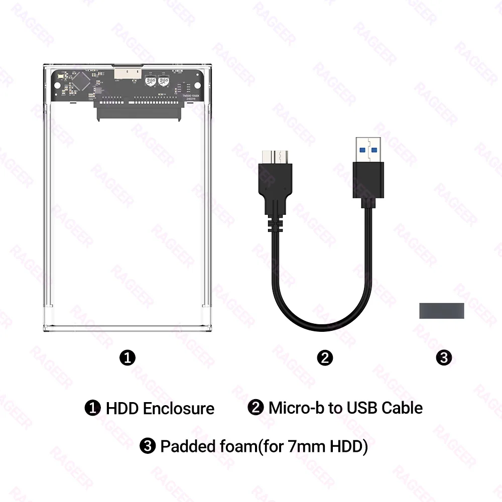 RAGEER Tool- free Transparent 2.5 Inch External Hard Drive Enclosure - Fast 5Gbps Micro-B to USB 3.0  SATA HDD Adapter Case