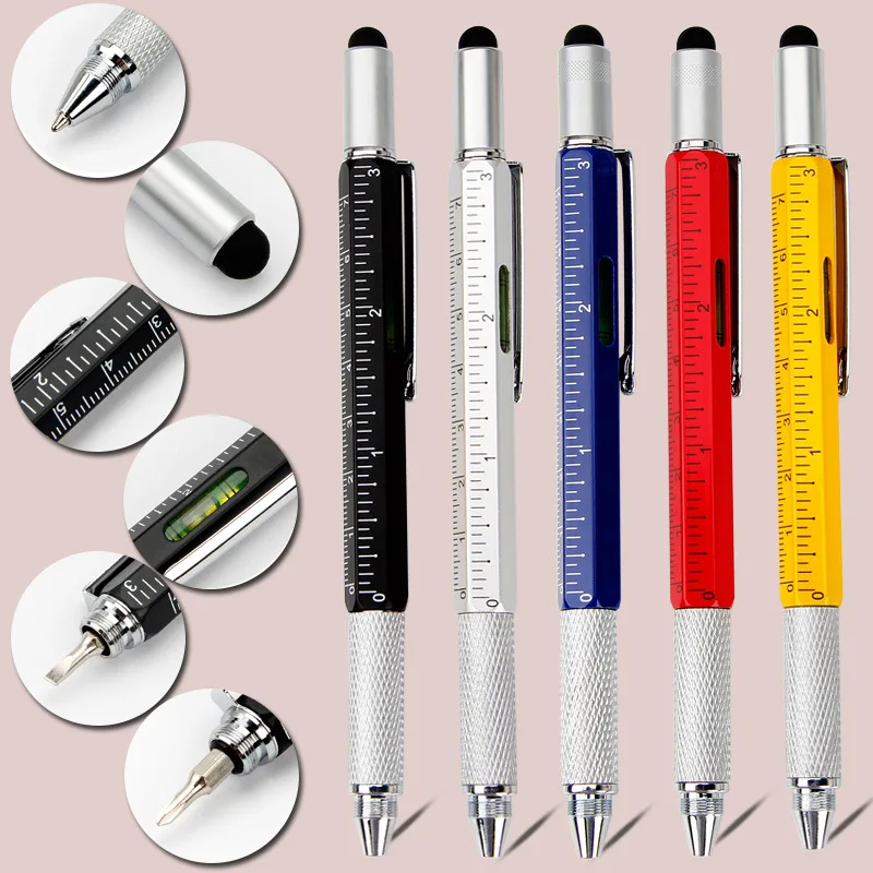 6 in 1 Multitool Pen, Ballpoint with Touch Screen Stylus and Level, with Screwdriver Ruler Levelgauge Refillable Tool