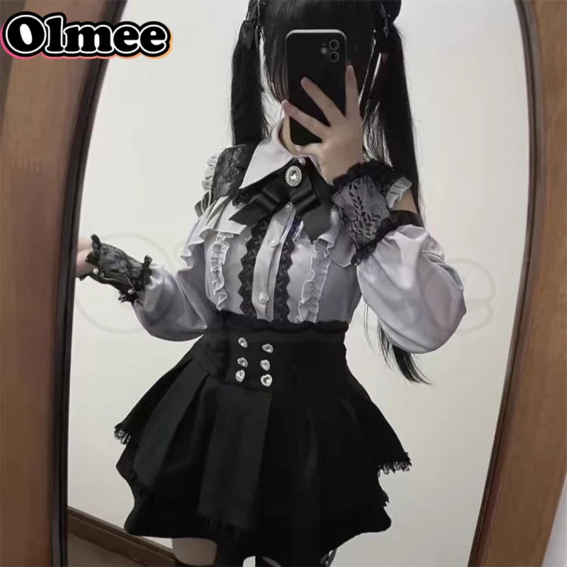 [Olmee] In Stock Jirai Kei Long Shirt Blouse Skirt Set Japanese Lolita Mine Style y2k Oversize Plus Kawaii Tomorrow Girl My Love