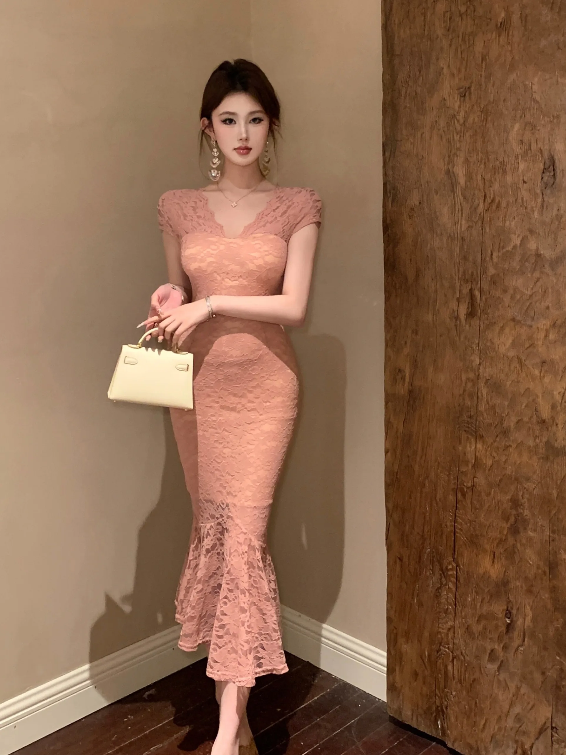 

Кружевное вечернее платье Ele, женское, с высокой талией, облегающее, с длинным хвостом, Dr, мягкая рабочая одежда, V-Ne, на молнии, H-образный цвет