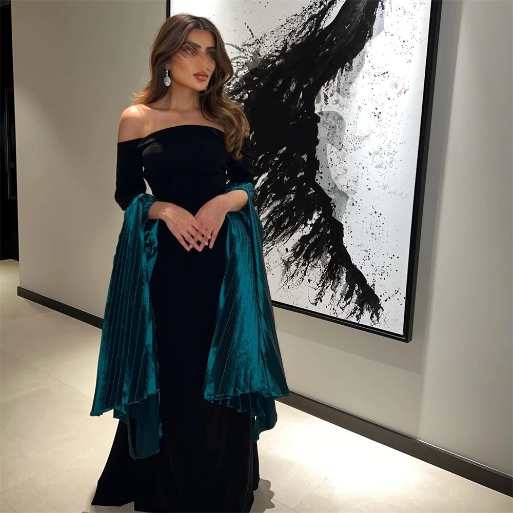 

Santorini Black Dresses Saudi Arabia Women Wear for Evening Party Bateau Neck Pleats Long Sleeves Mermaid Prom Gowns