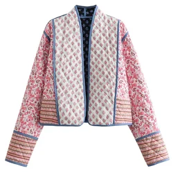 Women's Puffer Quilted Jacket Autumn Winter Floral Printed Lightweight Long Sleeve Cardigan Cotton Jackets Short Padded Coats