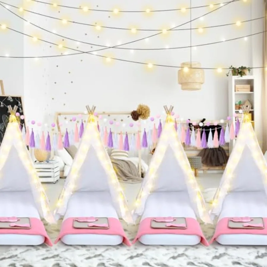 4 sztuki białych namiotów teepee dla dzieci na nocne przyjęcia, namiot na nocleg dla dziewczynek z materacem dmuchanym, pościelą i prześcieradłem z gumką