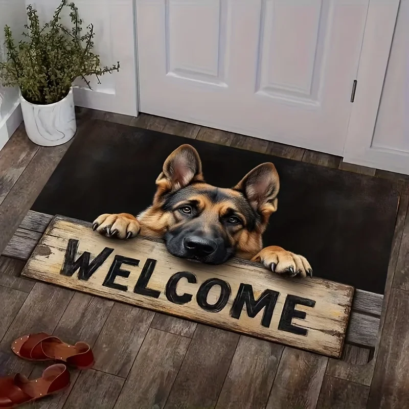 German Shepherd Welcome Doormat Flannel Rug Non-slip Absorbent Floor Mat for Entryway Living Room Bathroom Home Decor