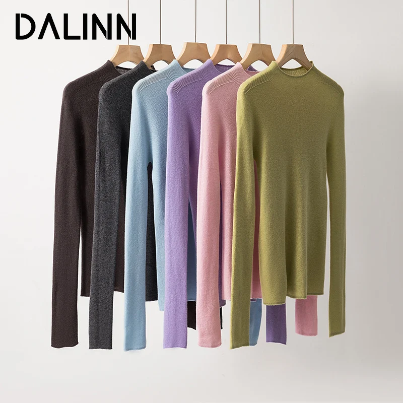 Woman Mock Neck Pullovers 100%Sheep Wool Seamless Plain Knitted Slim Sweaters 2023 Fall Winter Basic Top Pink Beige DALINN