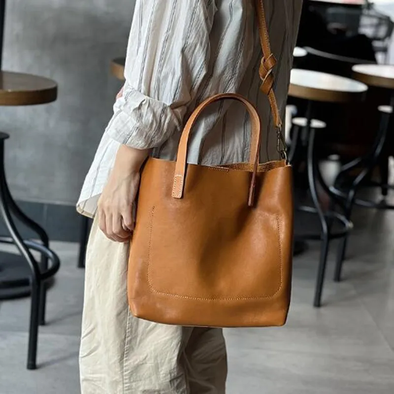 2024 new Japanese vintage cowhide handbag Female fashion trend temperament commuter bag leather shoulder crossbody bag