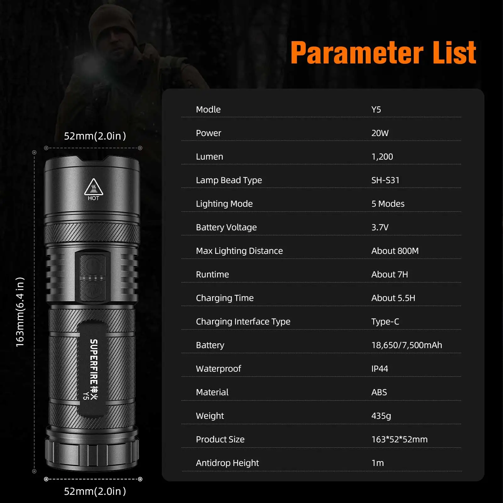 SUPERFIRE Y5 High-power Strong Light Zoom Flashlight Type-c Long Range Waterproof Camping USB Rechargeable Torch