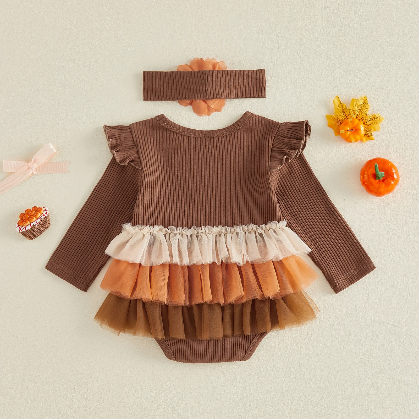 Baby Girls Thanksgiving Day Outfits Long Sleeve Turkey Romper with Headband Baby Bodysuits Fall Clothes