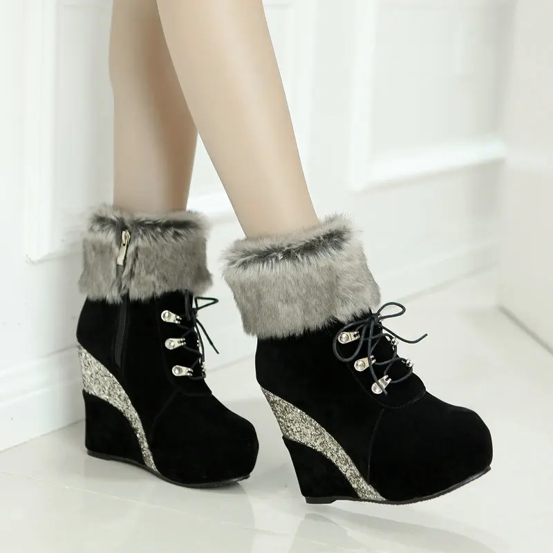 

Wedge Shoes Women Suede Snow Boots Warm Plush Booties Slip-on Zipper Woman Winter Ankle Boot Women's Shoes Ladies Platform Boots