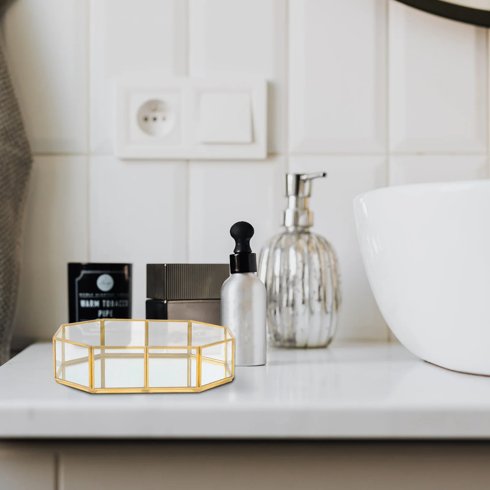 

Glass Jewelry Organizer Octagonal Glass Tray Brass Geometric Wire Sides Sand Linen Base Display Vanity Countertop Holder