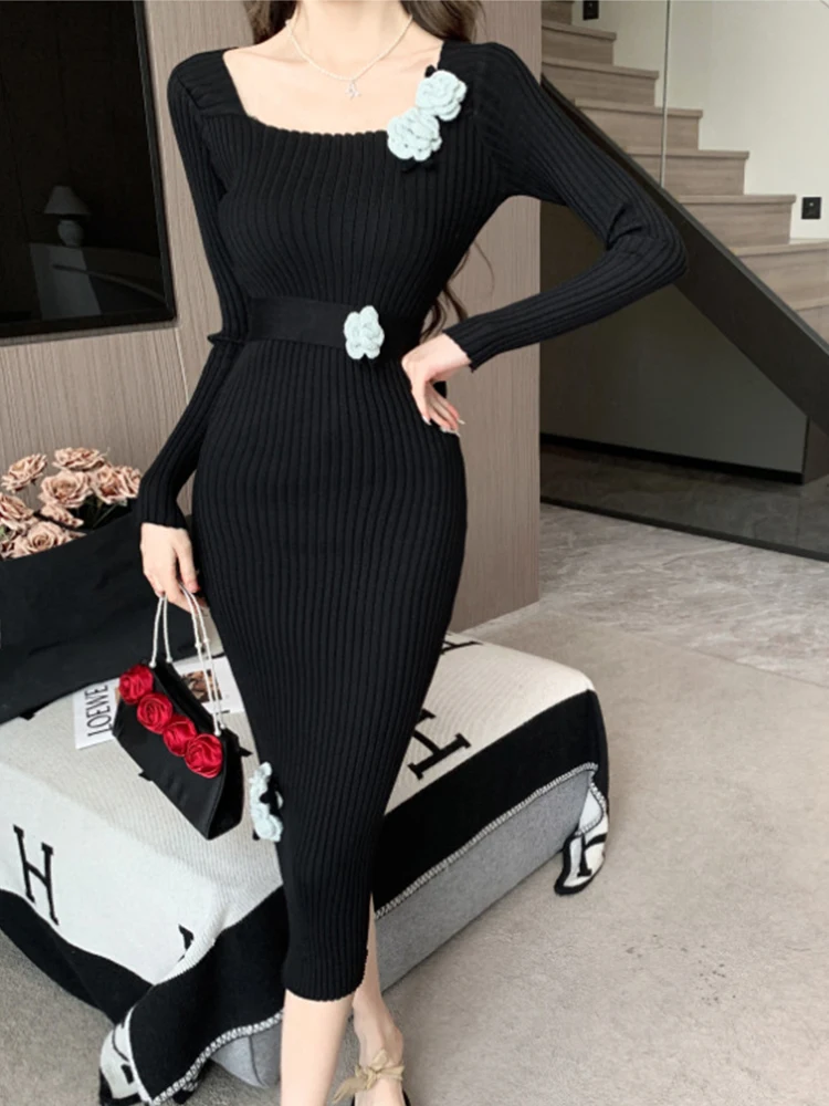 Women Clothes Knitted Sweet Solid Floral Square Neck Skinny Pencil Dress Ladies Sweater Casual Stretchy Robe Mujer Vestidos New