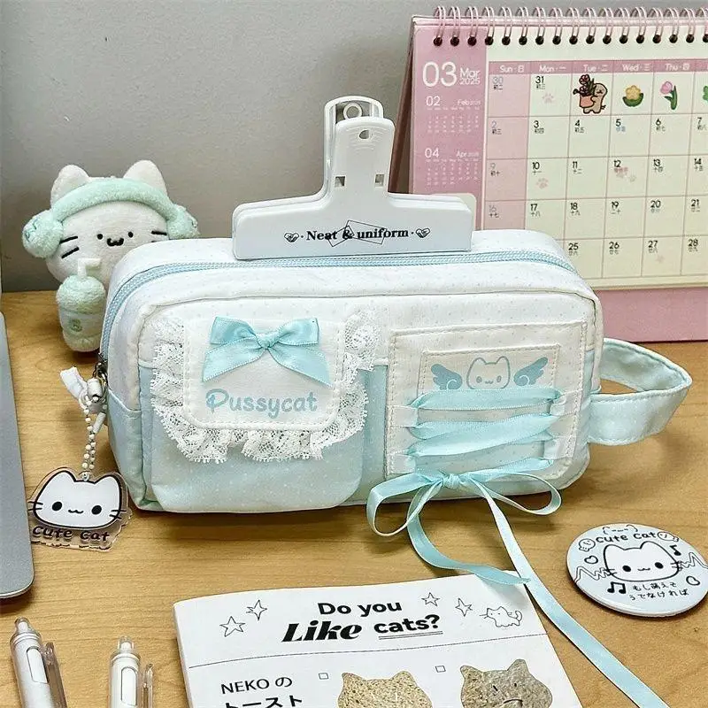 Tragbares Federmäppchen mit Schleifendesign, große Kapazität, mehrschichtige Stifttasche, gepunkteter Handtaschen-Organizer für Schreibwaren, Schulbedarf – Detail 6