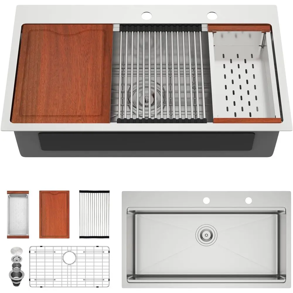 

36"x19" Drop In Kitchen Sink Workstation 304 StainlSteel 16 Gauge Handmade Topmount Single Bowl ern Deep Kitchen Sink Basin,LO-B