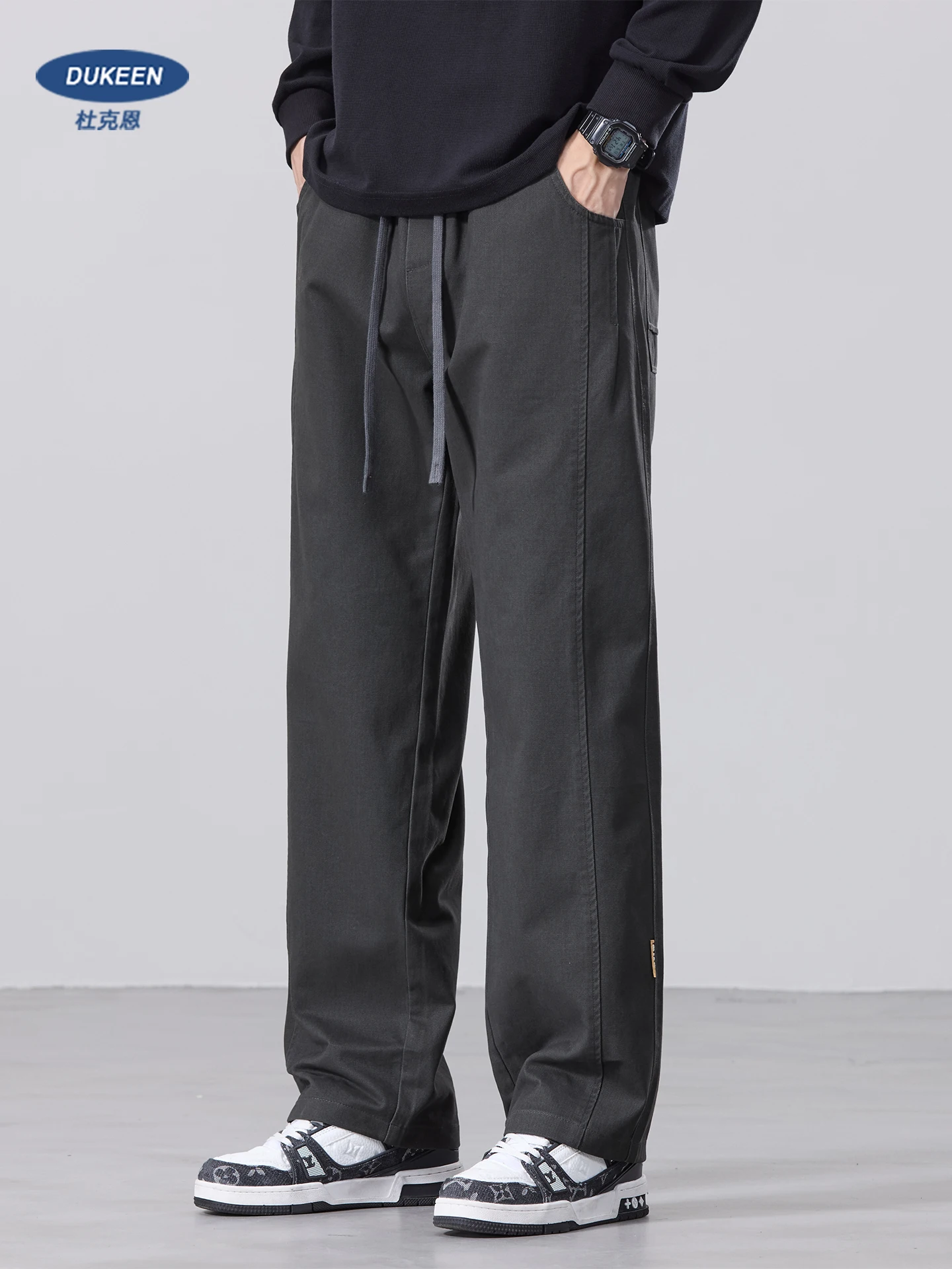 

DUKEEN, повседневные мужские длинные брюки из 100% хлопка, осень 2023, новая мода, свободные повседневные прямые брюки, мужская одежда