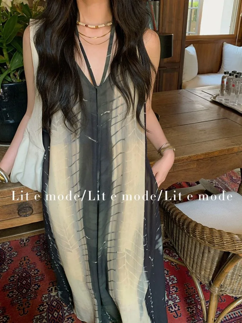 Contrasted Color Printed Halter Maxi Dress for Women Summer Sleeveless V-neck Retro Straight Casual Tank Dresses Female Clothes