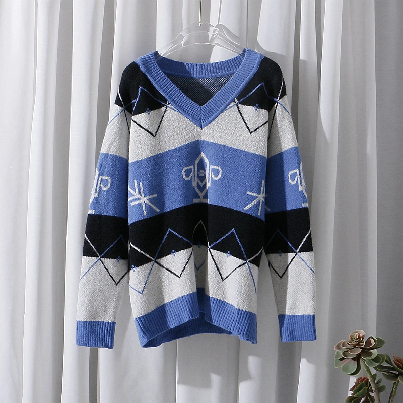 

Faionable Knitted Sweater V-Ne Lazy Sle Design Ele Pattern Striped Turtlene Sweater Autumn Collection Ladies Faion