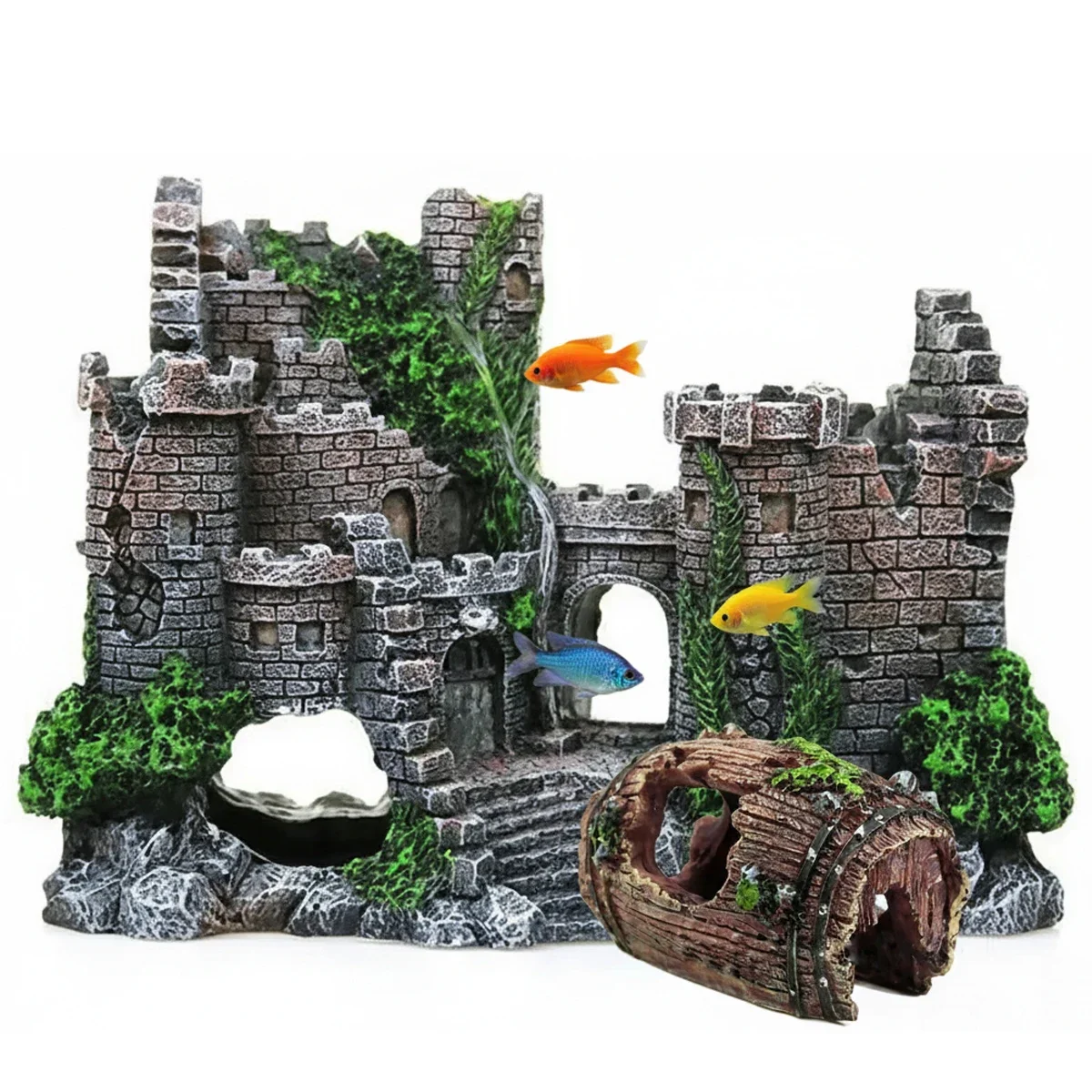 

Medieval Castle Fish Tank Decor with Broken Barrel Resin Aquarium Ornament Landscape Decoration for Hiding and Breeding