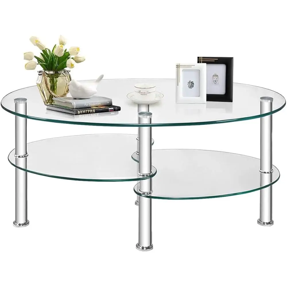 

Tempered Glass Coffee Table, Oval 3-Tier Steel Tea Table W/Spacious Glass Desk-Top, Open Storage Shelf, Modern End Side Table