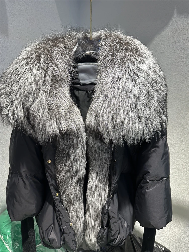 OFTBUY New Duck Down Jacket Winter Coat Women Super Large Real Silver Fox Fur Collar Jacket Knit Sleeve Fashion Luxury Outerwear