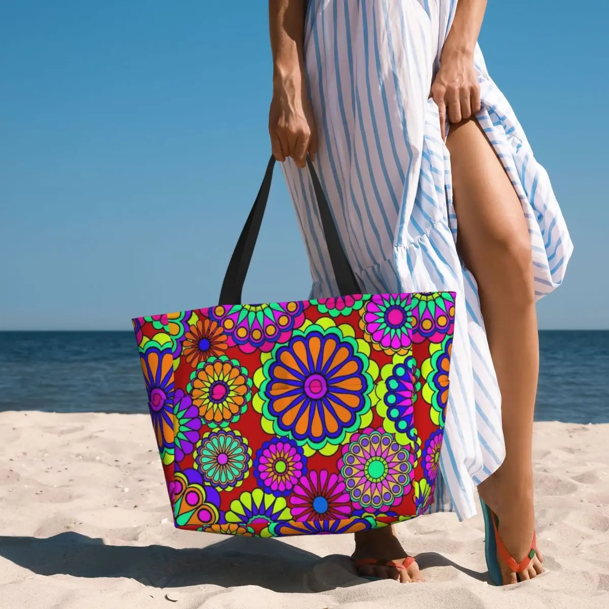 Flower Power-Bolso de mano de estilo Retro Hippy Flowers para playa, bolso de hombro deportivo para compras con personalidad, patrón multiestilo