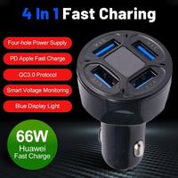 66W 4 Ports USB Car Charger Fast Charging PD Quick Charge 3.0 USB C Car Phone Charger Adapter For IPhone 13 12 