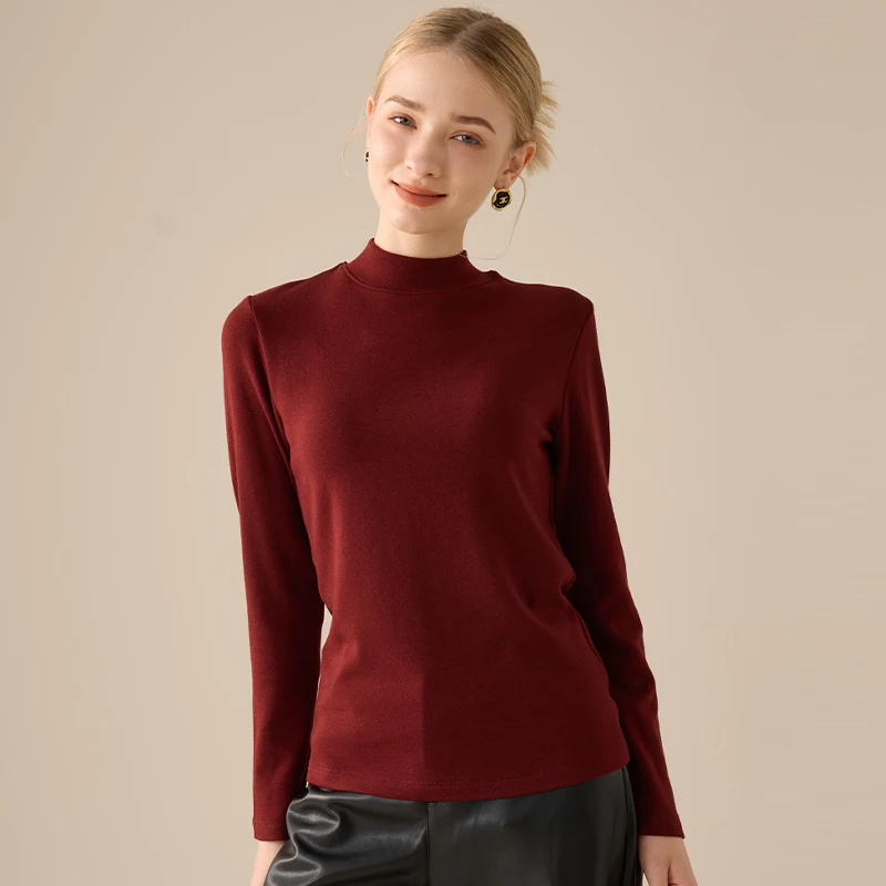 Women's Dralon Base Layer Top, New Autumn Winter, Thermal Heating Fleece‑lined Red Fashion Mock Neck Long‑sleeve Top