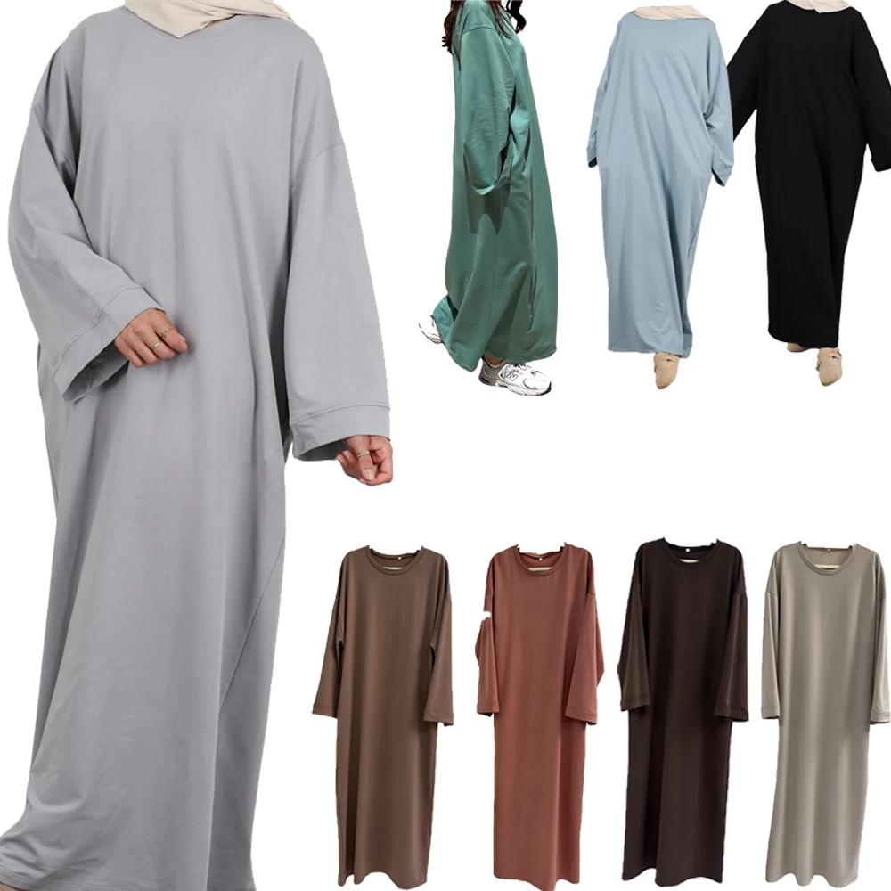 

Скромное повседневное однотонное женское мусульманское платье Абая с карманами, свободное длинное платье макси, турецкий кафтан, вечернее платье, толстовка, халат Дубай Джалабия