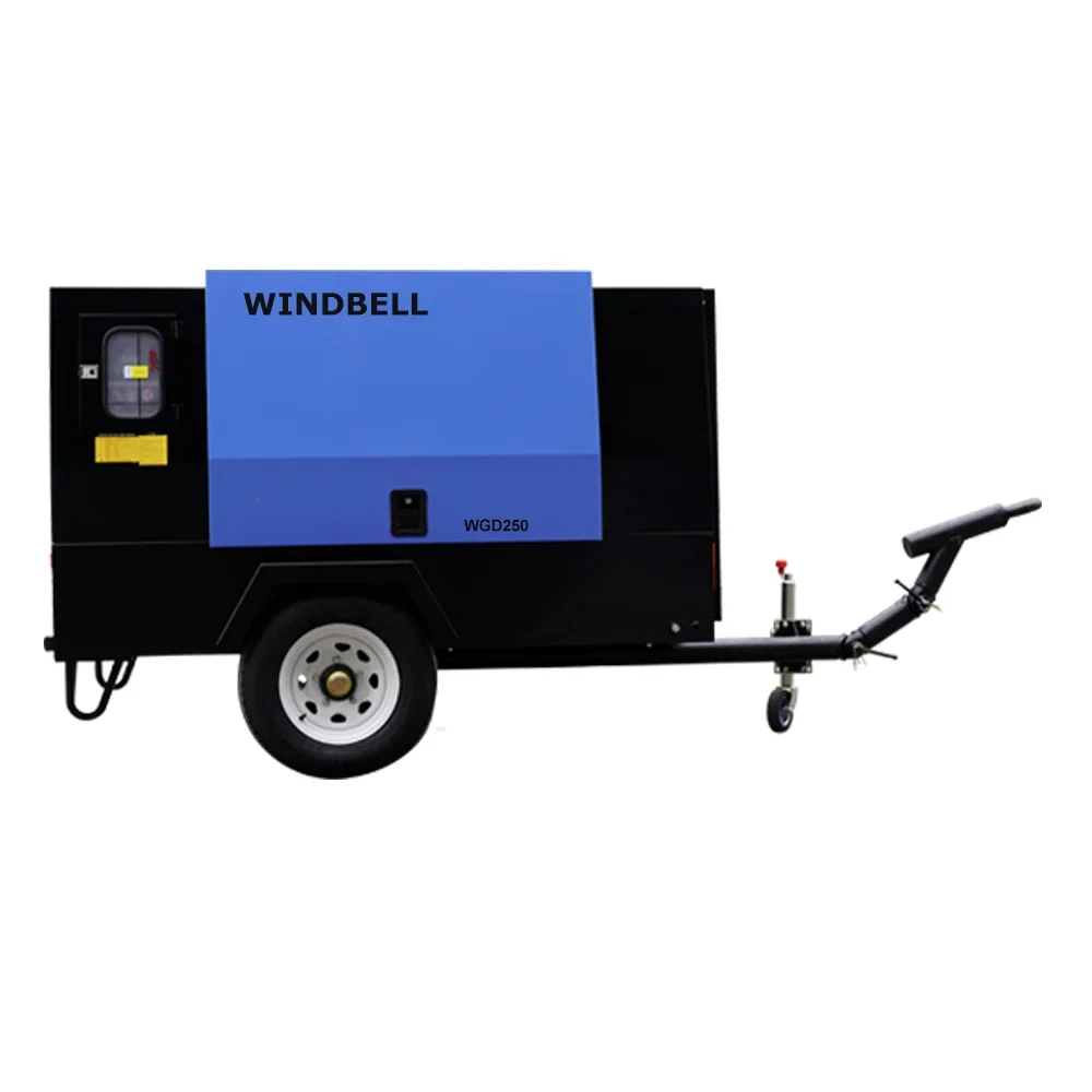 Customized 250 Cfm Towable Drilling Diesel Engine Mobile Portable Screw Air Compressor For Mining Construction