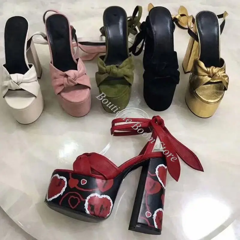 Fashion Red Heart Bling Gold Star Platform Peep Toe Knot Cross Lace- up Sandals Chunky  High Heel Roman Sandals Woman Shoes