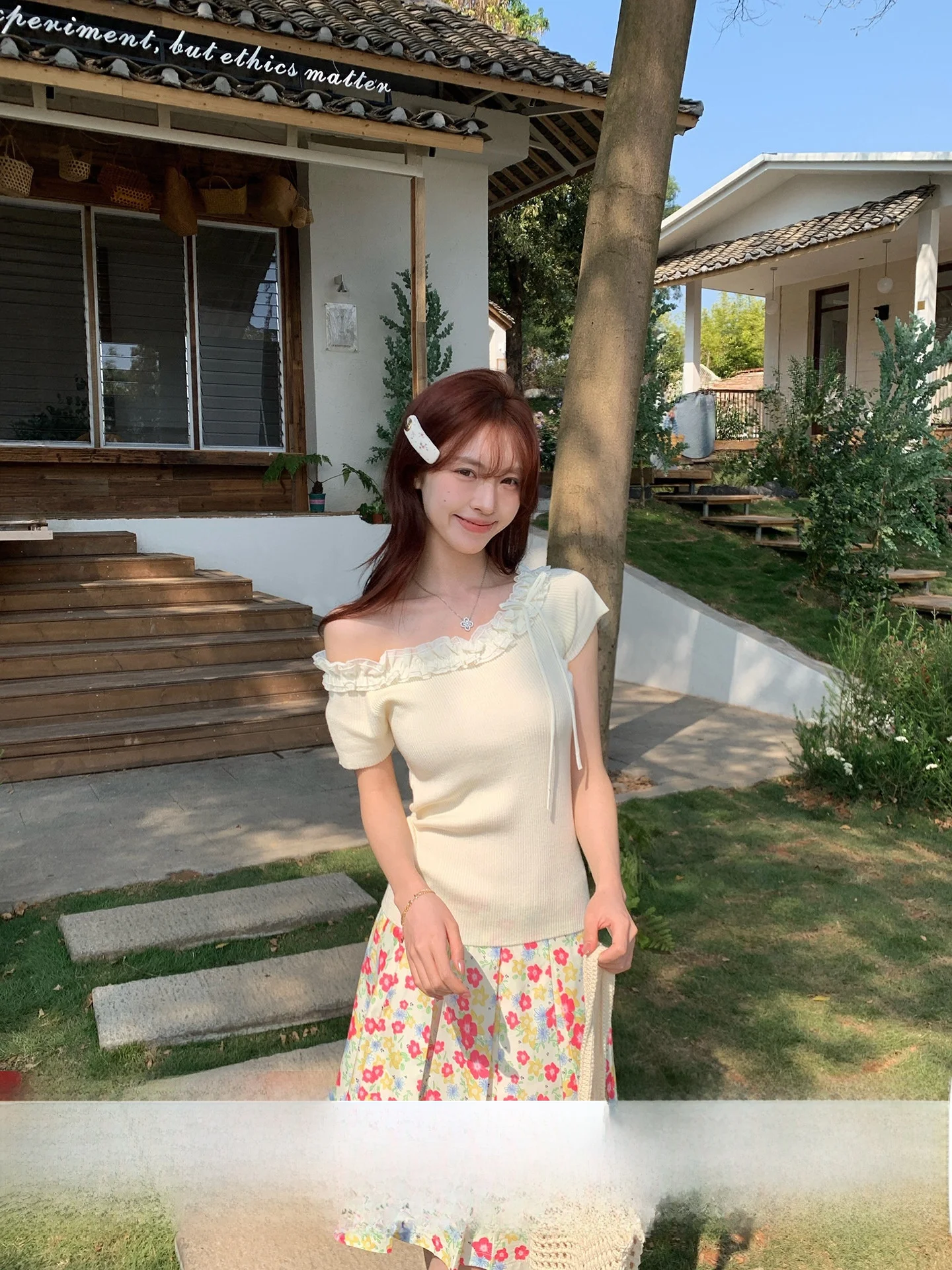 

Корейский вязаный топ Morning Bloom с открытыми плечами, мягкий, повседневный, летний, модный, женский, премиум-класса