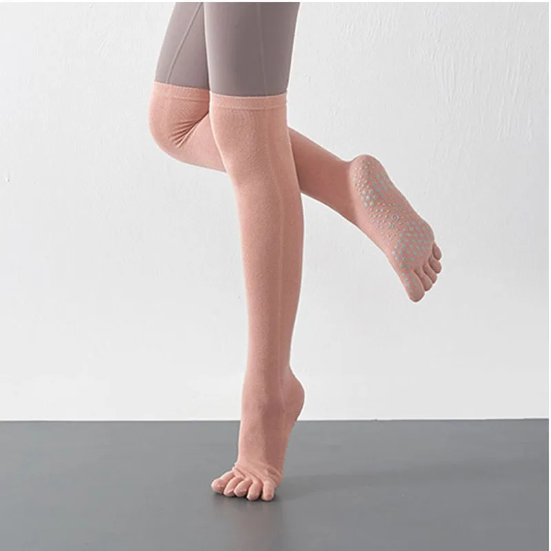 High Quality Cotton Knee Socks Five Fingers Anti-Skid Thigh Stockings Solid 5 Toes Grip Non-Slip Pilates Dance Sport Floor Sock