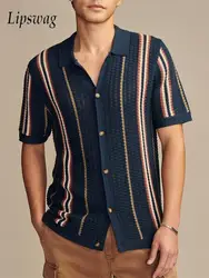 Vintage Striped Textured Knit Shirts Mens Fashion Turn-down Collar Buttoned Short Sleeve Knitted Tops For Men Casual Slim Shirt