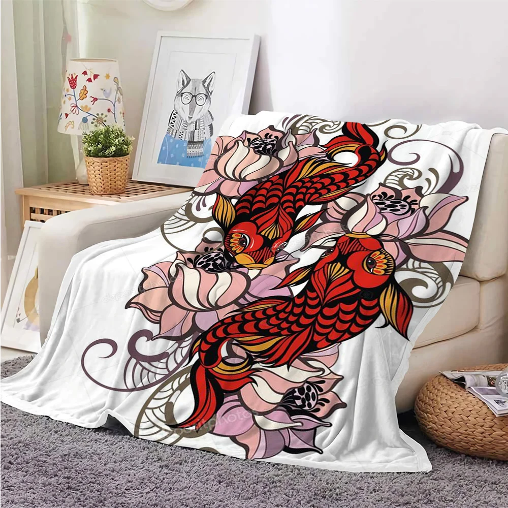 

HX Japan Ukiyoe Blanket Animals Fish Red Koi Floral Lotus 3D Printed Flannel Throw Blankets For Beds Plush Quilt 220x150cm