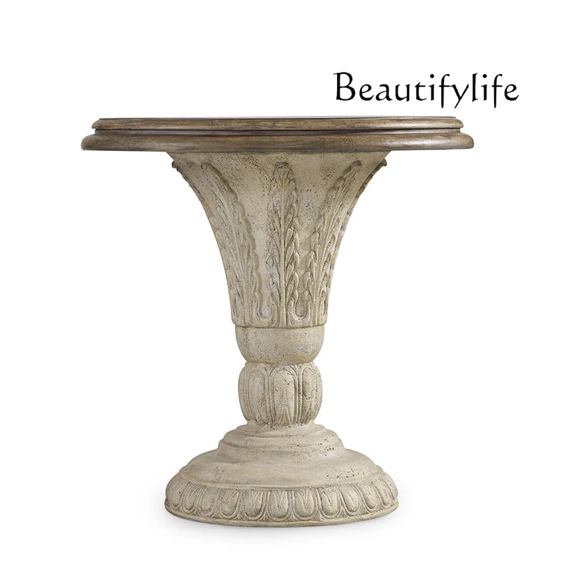 

Old round edge table, rural retro solid wood carving, corner circle table, bedside table customization