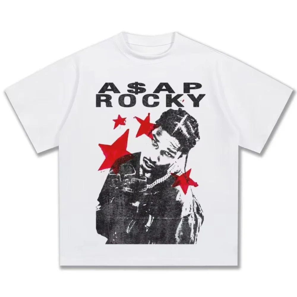 ASAP Rocky Red Stars Graphic T-shirt Unisex Oversized Hip Hop Rapper Autumn Winter Trendy Y2K Casual Daily Short Sleeve Tees Top